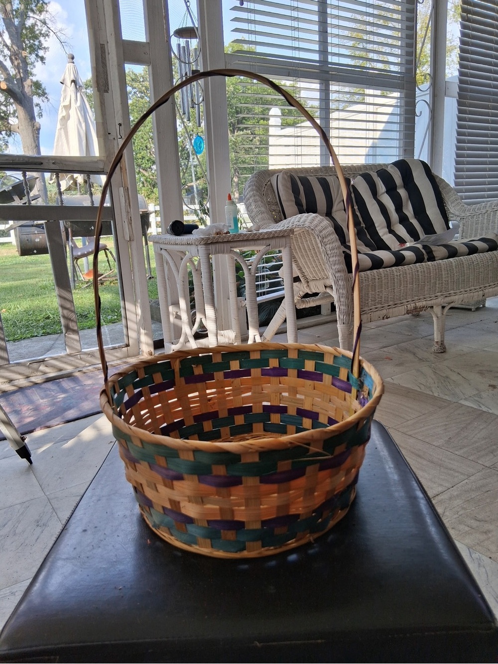 Handwoven Multicolor Woven Basket with Tall Handle